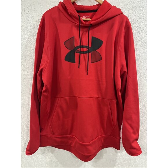 Under Armour Fleece Big Logo Hoodie Sz XXL Red Black Big Logo Pullover Pocket - Picture 2 of 12
